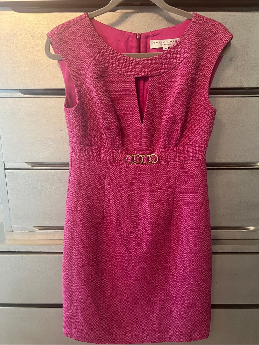 Trina Turk Fuchsia Textured Sheath Dress with Decorative Waist Detail